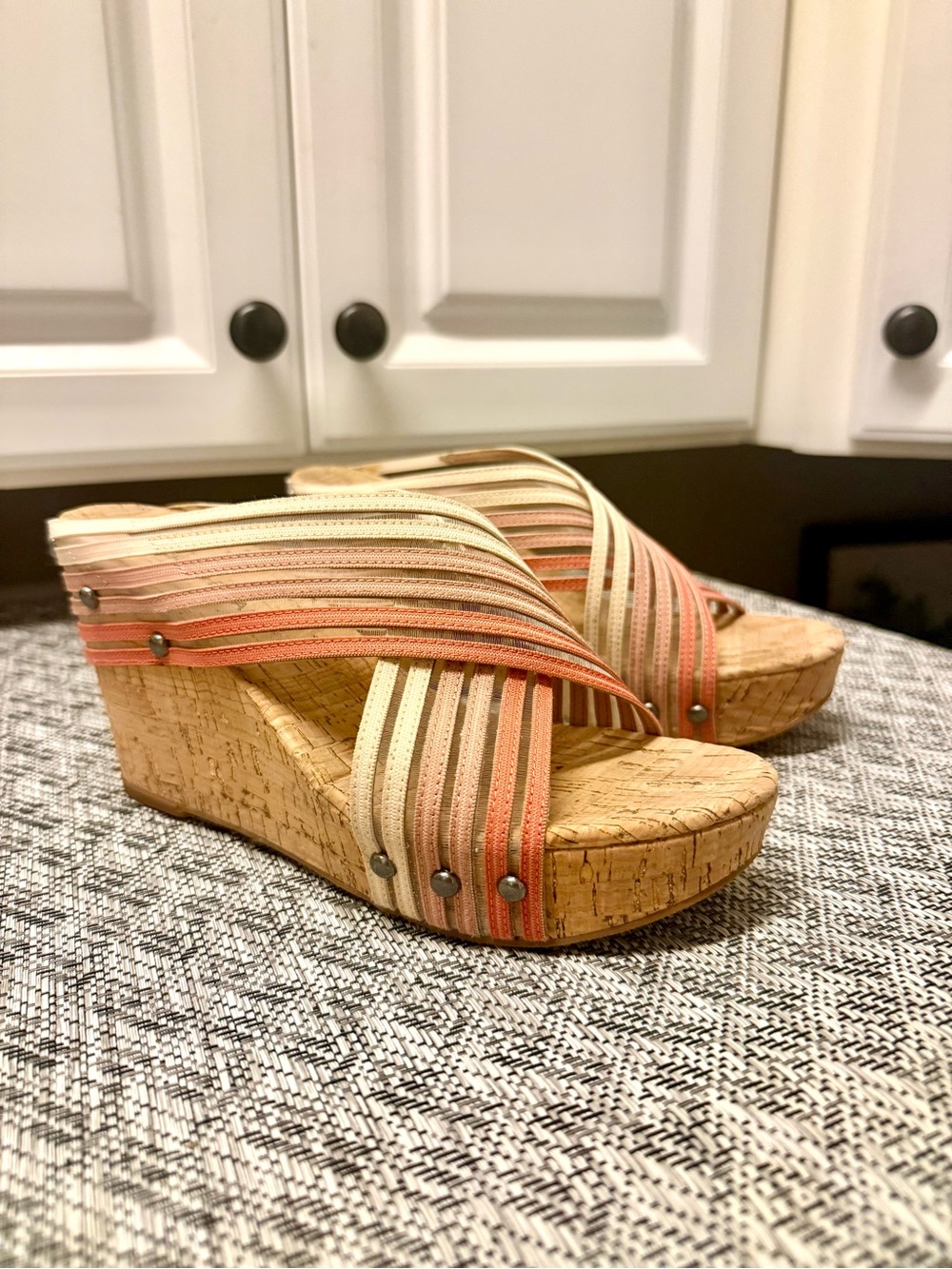 Lucky Brand Striped Cork Wedge Slides in Pink and Cream
